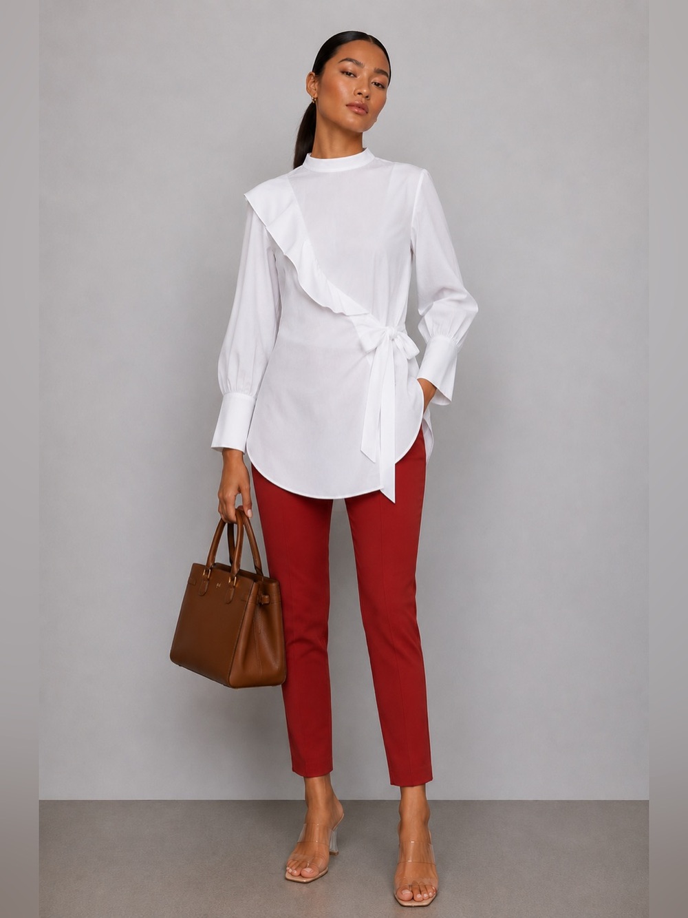 NWOT BCBGMAXAZRIA White Ruffle Sleeve Asymmetrical Wrap Blouse | Size S